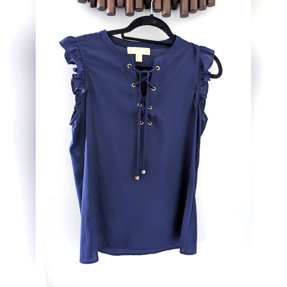 Michael Kors Women's Navy Lace-Up Ruffle Sleeve Top - Size US M